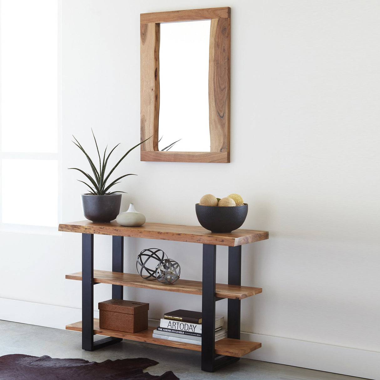 Alaterre Furniture Alpine Natural Wood Media Console Table Live Edge, 48 in x 16 in x 30 in, Brown/Black Alaterre Furniture