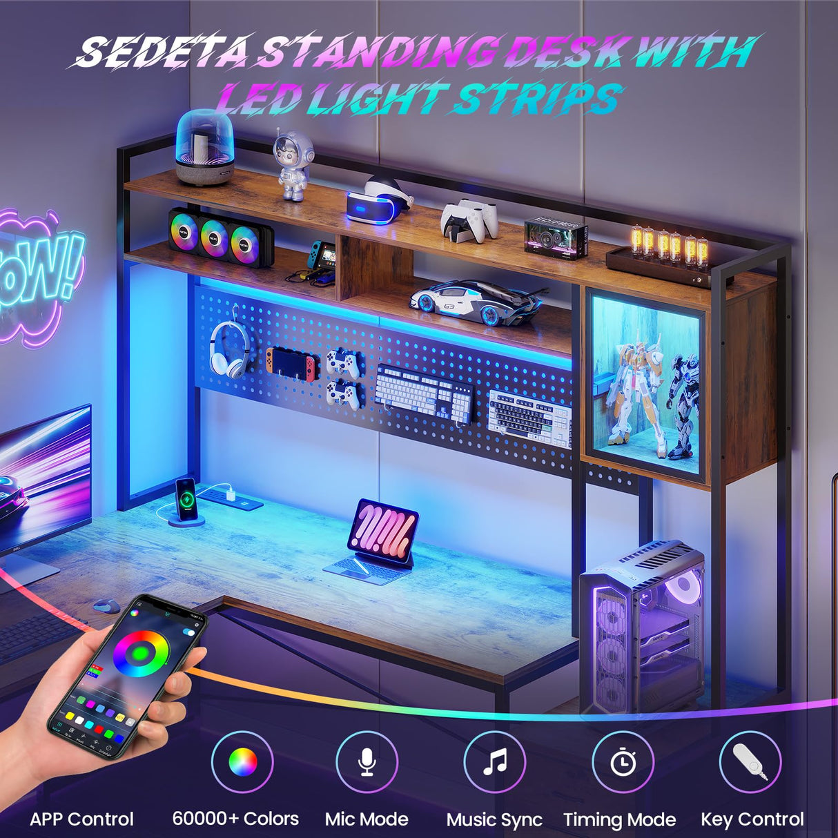 SEDETA L Shaped Gaming Desk with 6 Drawers, Reversible Computer Office Desk with File Drawer, Hutch, Storage Shelves, Gaming Corner Desk with Led Lights, Power Outlet for Two Person, Rustic Brown SEDETA