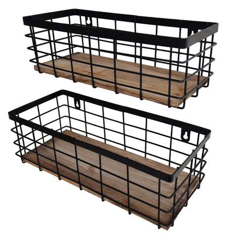 ShabbyDecor Black Metal Wire Basket Set with Detachable Wood Base – Farmhouse-Style Storage Organizers for Home and Kitchen ShabbyDecor