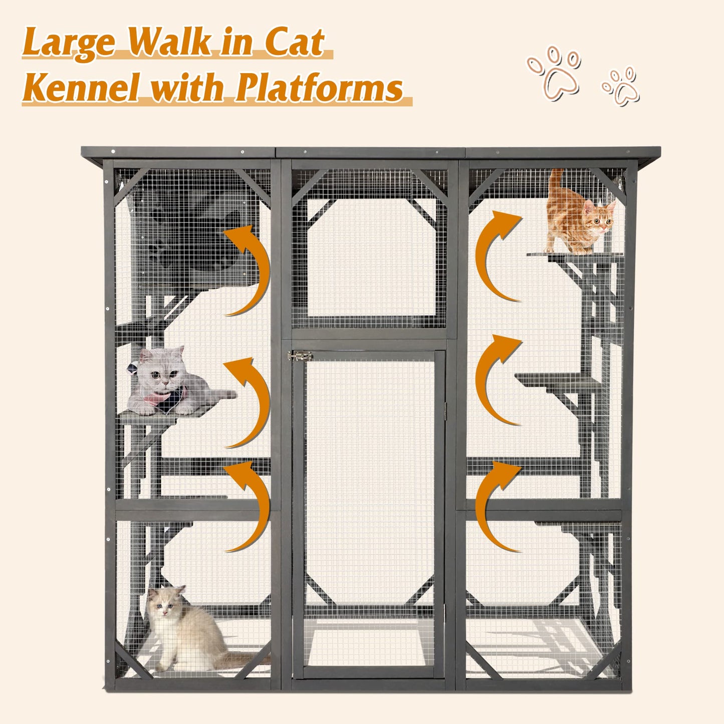 Grepatio Cat Enclosure Large Outdoor Catio Wooden Cat House with Weatherproof, Cat Cage Condo Indoor Playpen with Platform and Small House(Grey)