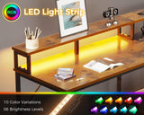 Coleshome 98" Home Office Computer Desks with Storage Shelves- 2 Person Writing Desk with LED Lights & Power Outlet, Long Two Person Desk with Monitor Stand, Double Study/Work Table Workstation, Brown Coleshome