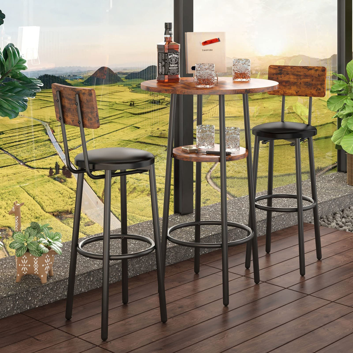 Industrial 3-Piece Bar Table Set with Stools - 2-Tier Round Pub Bistro Dining for Small Spaces CALABASH