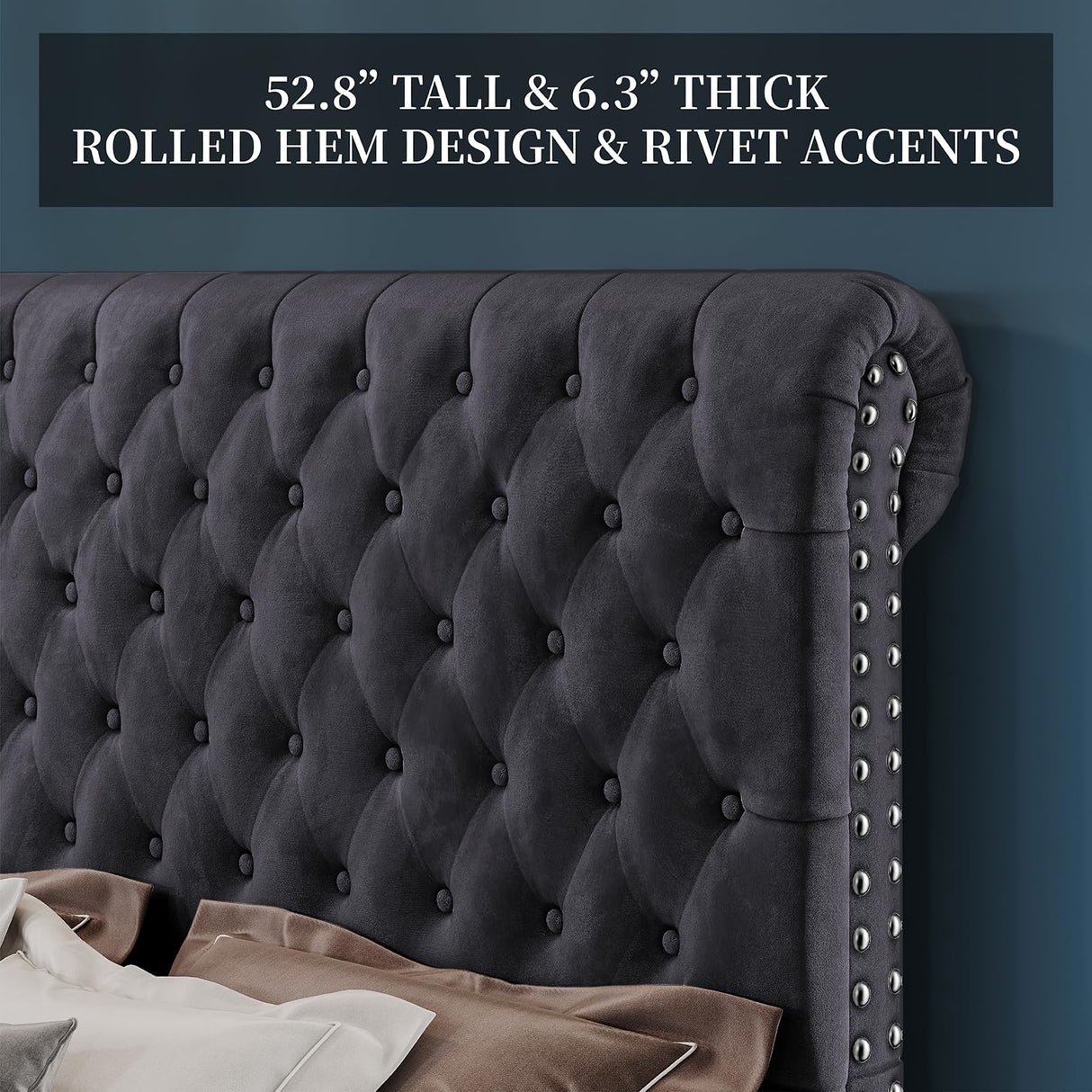 PaPaJet Bed Frame Queen Size Upholstered Platform Bed with 52.8'' Tall Sleigh Headboard, Button Tufted, No Box Spring Needed, Easy Assembly, Dark Grey PaPaJet