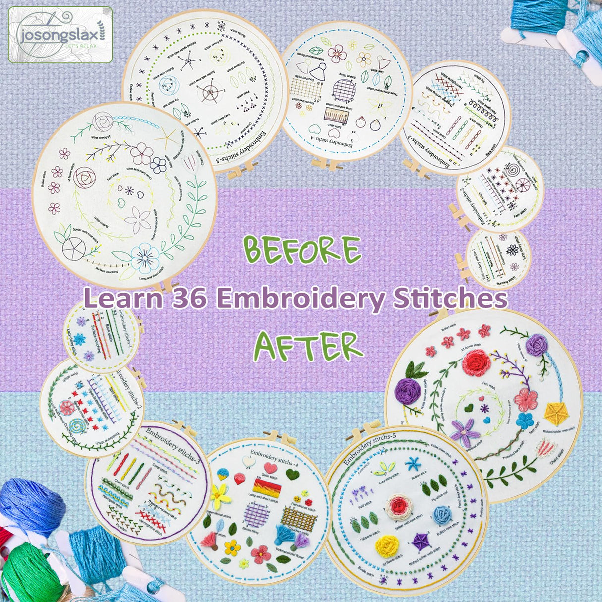 Josongslax Beginner Embroidery Kits for Adults, Hand Cross Stitching Patterns Sewing Crafts Hobbies Set with 6 Embroidery Hoops, DIY Punch Needlepoint Learn 36 Stitches Embroidery Starter Kit Gift Josongslax