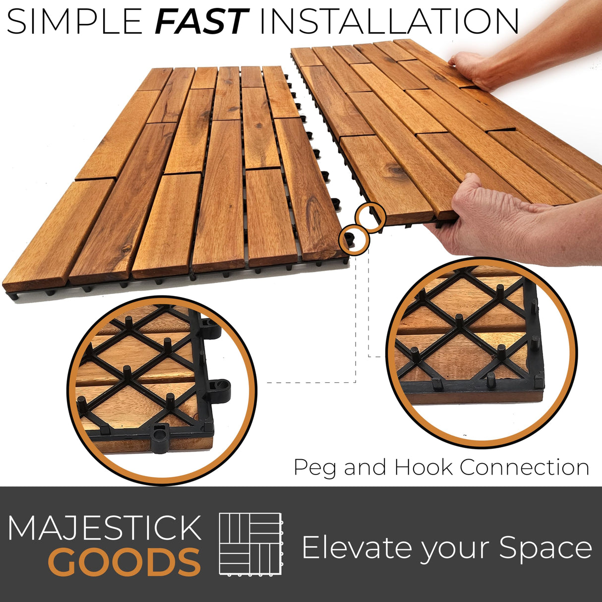 Interlocking Deck Tiles 24 x 12 Long Boards Snap Together Wood Flooring - Acacia Hardwood Outdoor Flooring for Patio - Floor Decking Tile, Waterproof Balcony Flooring 24 Sq Ft (2 Pack (12 Pieces)) Majestick Goods