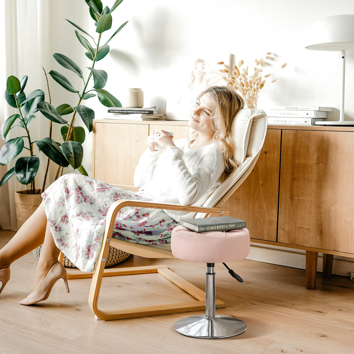 LUE BONA Adjustable Vanity Stool, 360°Swivel Vanity Chair Stool for Makeup Room, Pink Stool Chair for Vanity, Small Faux Leather Vanity Stool for Bathroom, Living Room LUE BONA