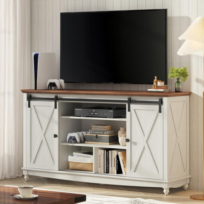 Farmhouse TV Stand for 65 75 Inch TV, 32" Tall Entertainment Center with Storage Cabinets and Barn Door, White Console Table with 3 Open storage shelve, Wood TV Console Table for Living Room, Bedroom