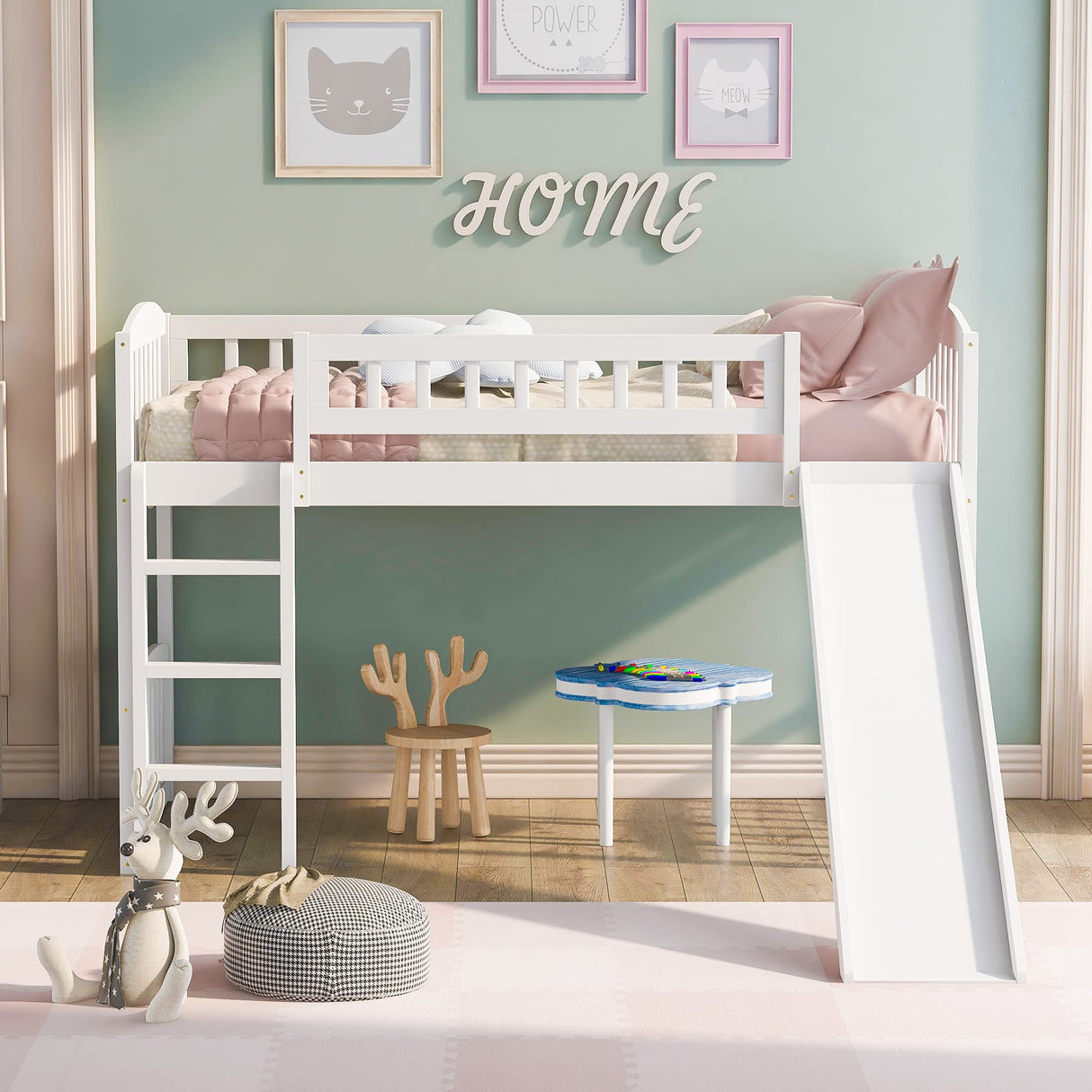 Harper & Bright Designs Twin Loft Bed with Slide and Ladder, Kids Loft Bed, Wooden Low Loft Bed for Kids, No Box Spring Needed, White Harper & Bright Designs