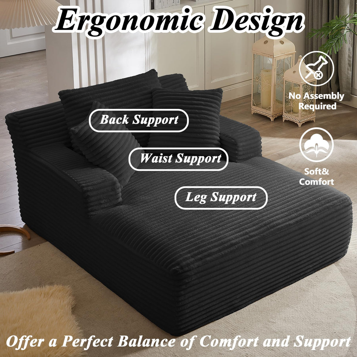 50" Boneless Couch, Oversized Chaise Lounge Sofa, Corduroy Chaise Lounge Chair Indoor with Comfy Pillows for Living Room Bedroom, Foam Filling, No Assembly (Black) Nahenduo