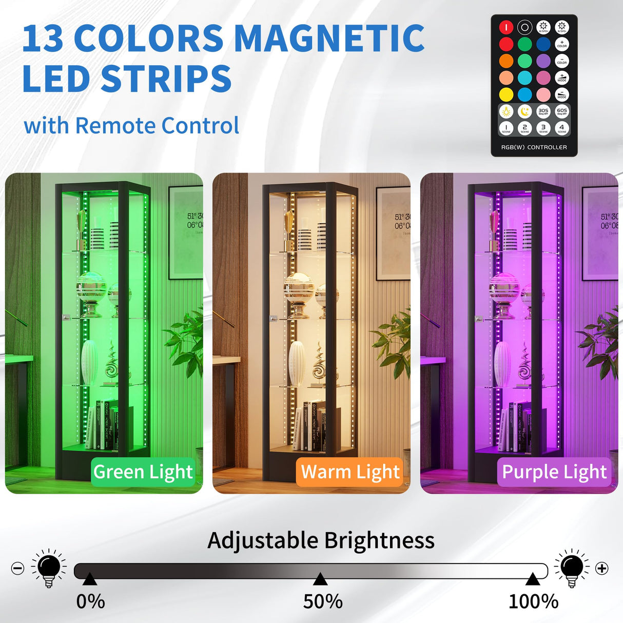 Desirable Life Glass Display Cabinet with 13-Color Light, 63" 4-Tier Curio Cabinet with Glass Door & Lock, Lighted Display Case with Adjustable Shelves for Collectibles Figures Trophy (Black) Desirable Life