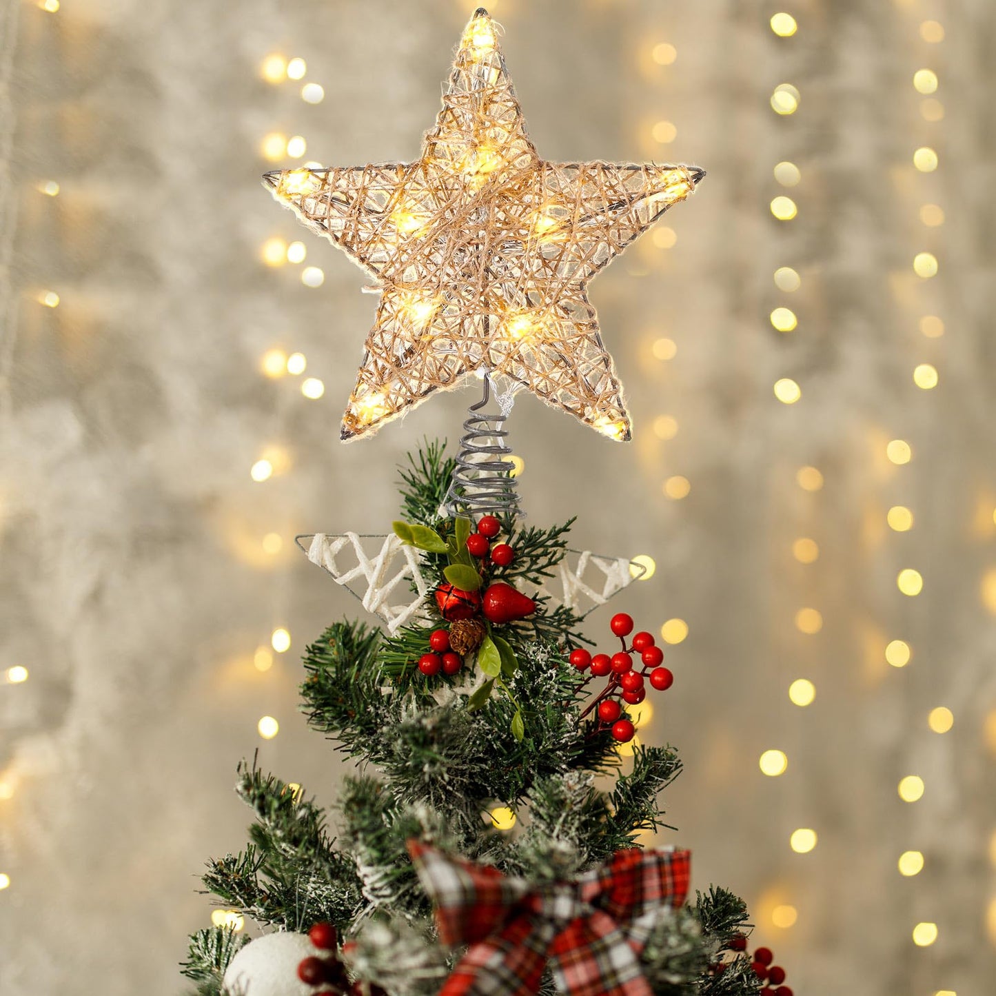 Baquler Farmhouse Christmas Tree Star Topper Decorations Light up Christmas Tree Topper with 10 LED Lights for Rustic Xmas Party Ornament Home Decor