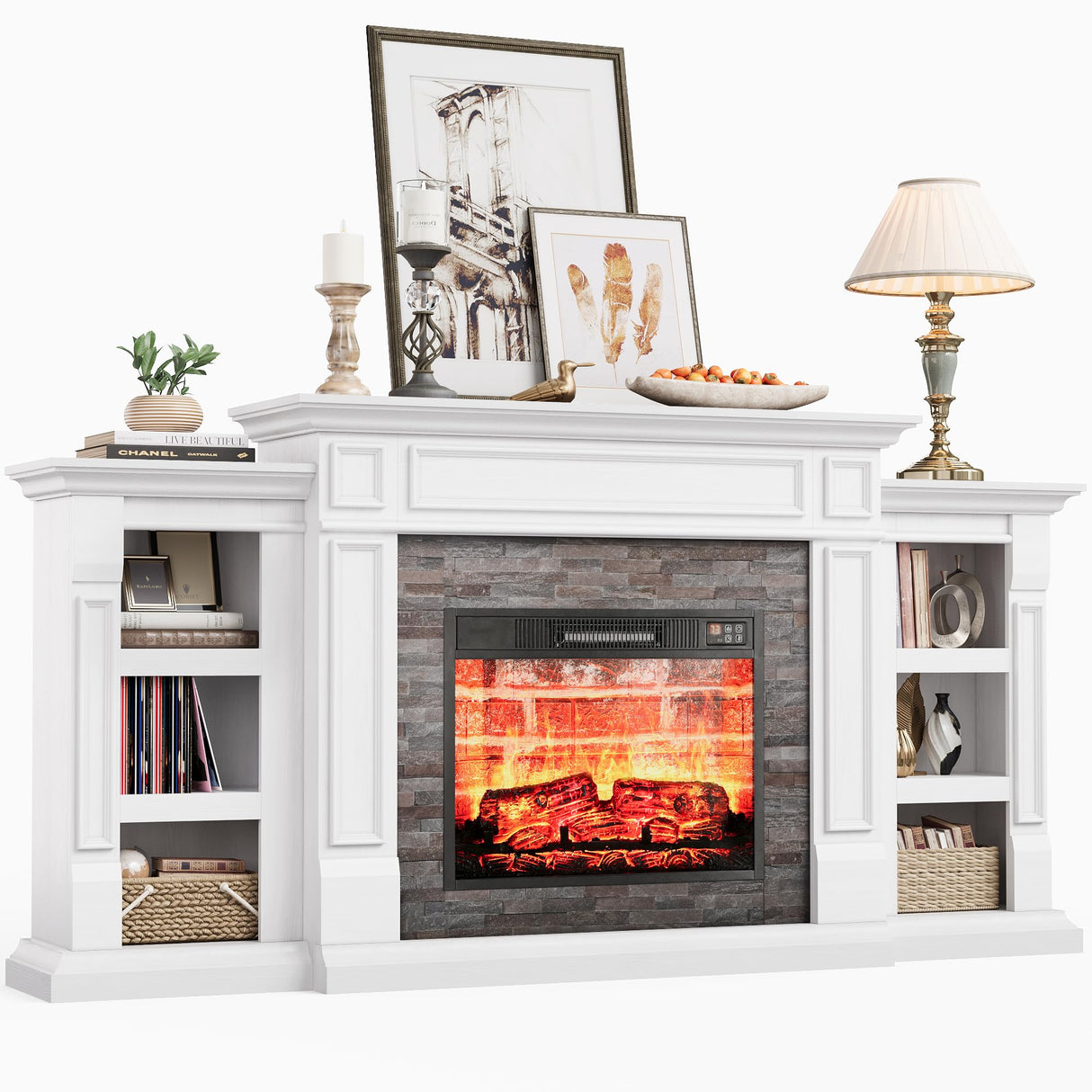 Naice 70" Electric Fireplace with Mantel and Cabinets, Fireplace TV Stand for Living Room Bedroom, Stacked Stone Surround and Remote Control 3D Realistic Flame Naice