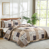 Menghomeus Brown Quilt Set King Boho Patchwork Bedspread Floral Coverlet Reversible Bed Quilt Set All Season Soft Microfiber Bedding Farmhouse Bed Sets, 104"x90" Menghomeus