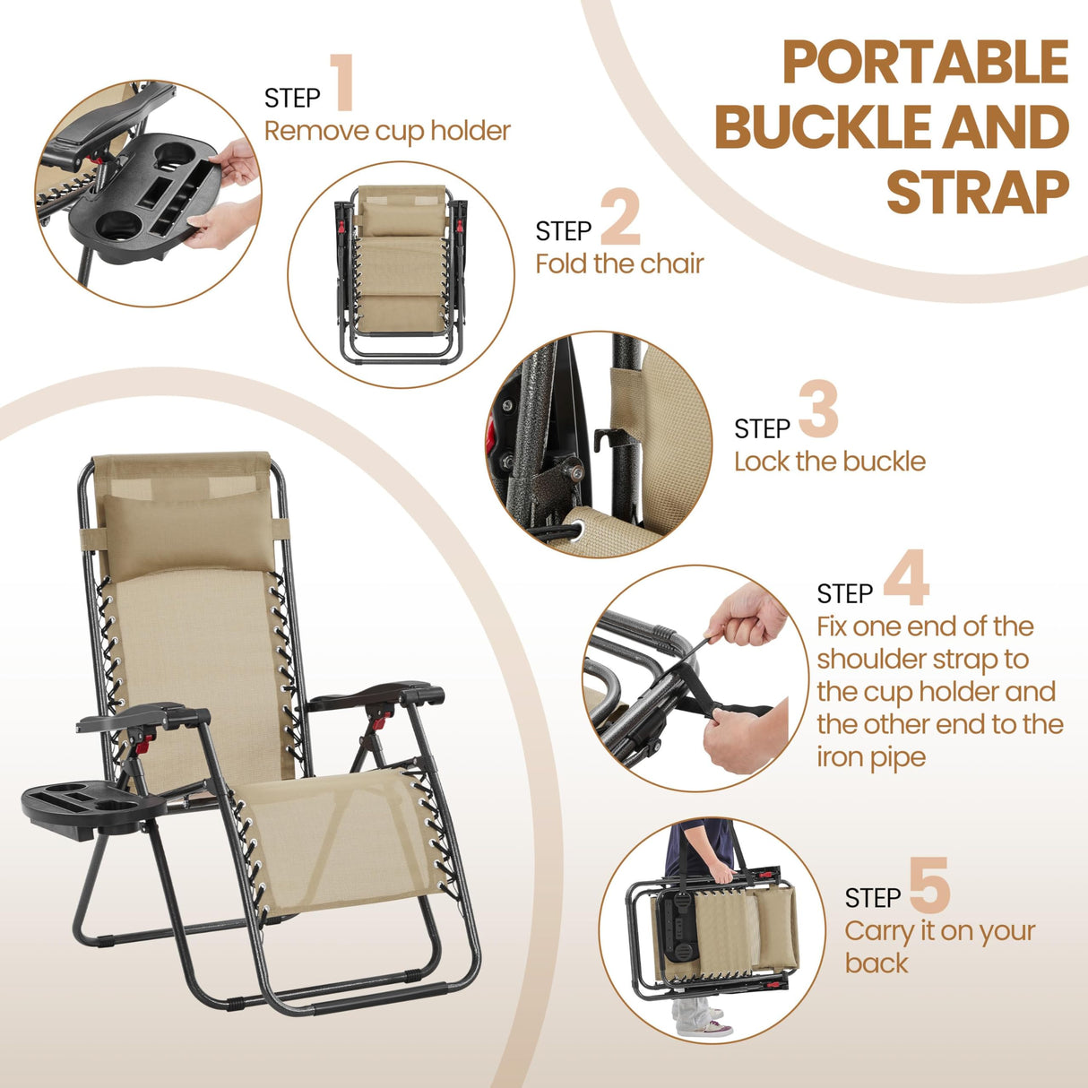 Yaheetech 3PCS Zero Gravity Recliner Portable Outdoor Reclining Chair Set w/Side Table Folding Chaise Lounge Chairs for Patio Beach Deck Garden Pool Beige Yaheetech