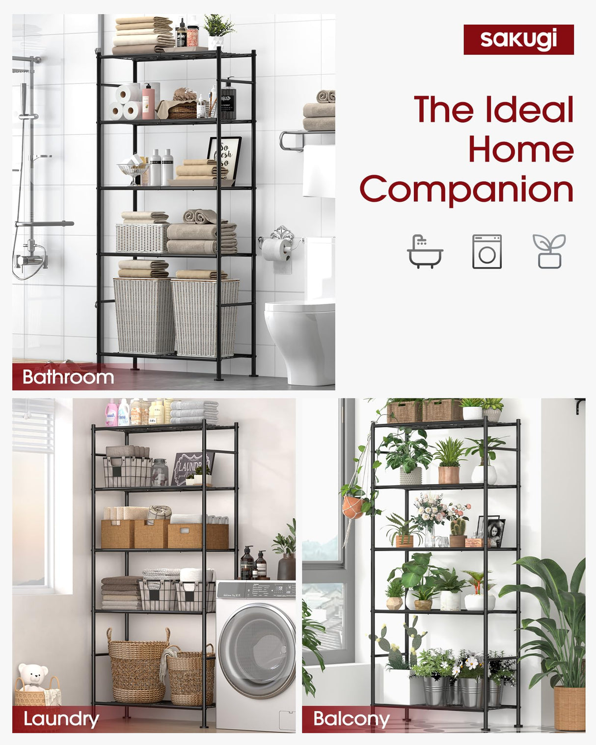 Sakugi Storage Racks - 2 Pack, 5-Tier Freestanding Steel Shelving Units with Reinforced Frame, Adjustable Garage Organization Shelves for Warehouse, Basement, Workshop, 33.5" x 12.6" x 72", Black Sakugi