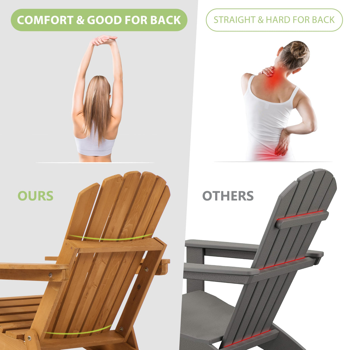 Oversized Wooden Folding Adirondack Chair with Ottoman, Pre-Assembled Backrest and Seat Board, Lounge Chair for Outdoor Patio Garden Lawn Backyard Firepit Deck Pool Beach Wood-Natrl