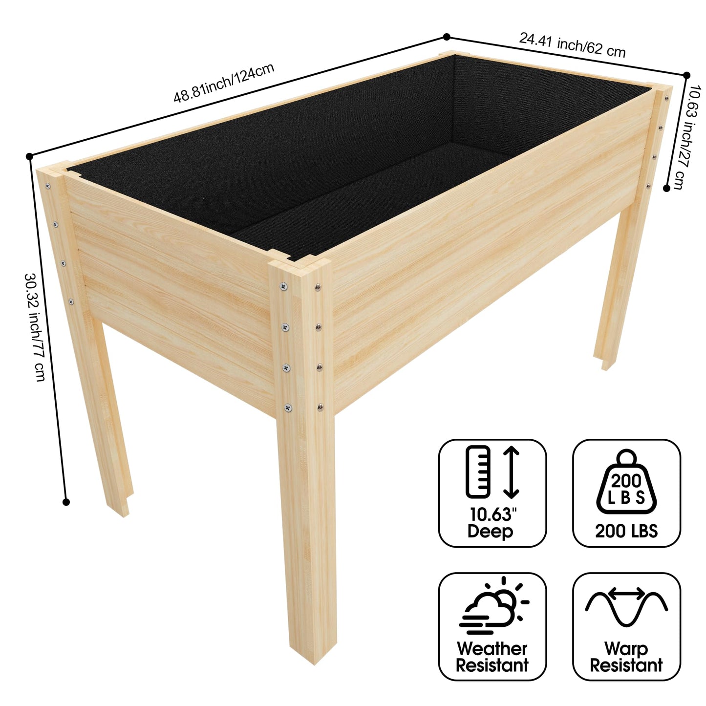 Wooden Raised Garden Bed with Legs, 48x24x30in Cedar Elevated Planter Box Outdoor with Bed Liners for Gardening, Backyard, Patio, Balcony, Grow Herbs and Vegetables