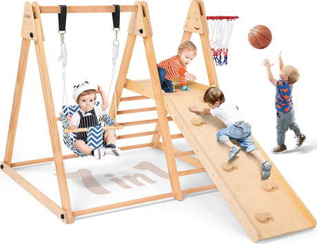 CoziBB 7 in 1 Indoor Jungle Gym for Kids, Foldable Toddler Indoor Playground with Slide, Beechwood & Baby Swing, Climbing Wall & Ladder, Wooden Climbing Toys Playset Gifts for Kids 1-3+ (Wood Color) CoziBB