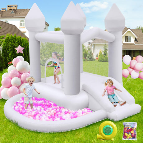 FBSPORT White Bounce House, Inflatable Bouncer with Air Blower,Indoor & Outdoor Bouncy Castle with Big Ball Pit for Wedding Party Kids Birthday Party, Easy to Install FBSPORT