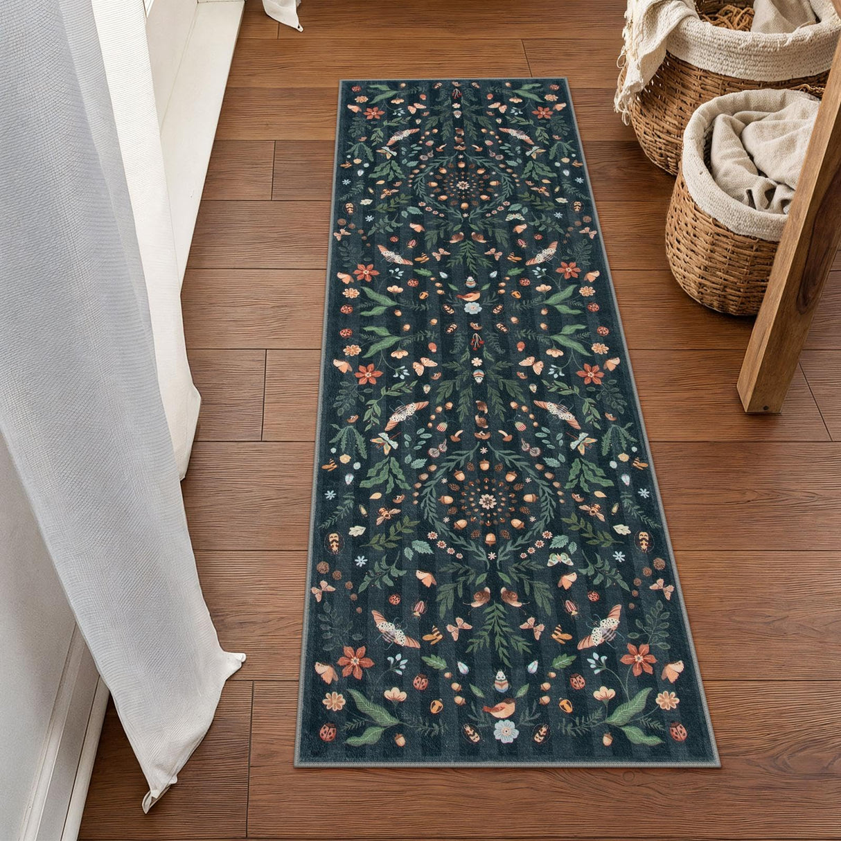Lahome Insect Botanical 2x6 Washable Rug Runners for Hallways Non Slip, Black Bathroom Kitchen Runner Rugs Non Skid, Soft Non-Slip Entryway Indoor Carpet for Laundry Bedroom Lahome