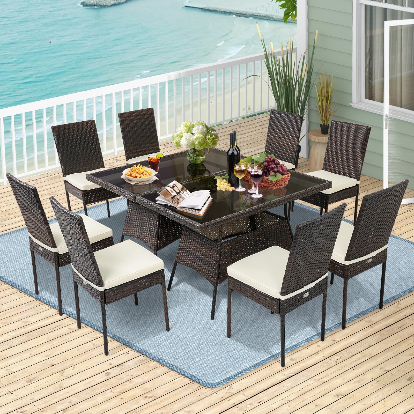 Tangkula 10 Pieces Wicker Patio Dining Set, Outdoor Rattan Table & Chairs Set with Padded Cushions, Patio Furniture Dining Glass Table Set for Balcony Patio Garden Poolside - WoodArtSupply