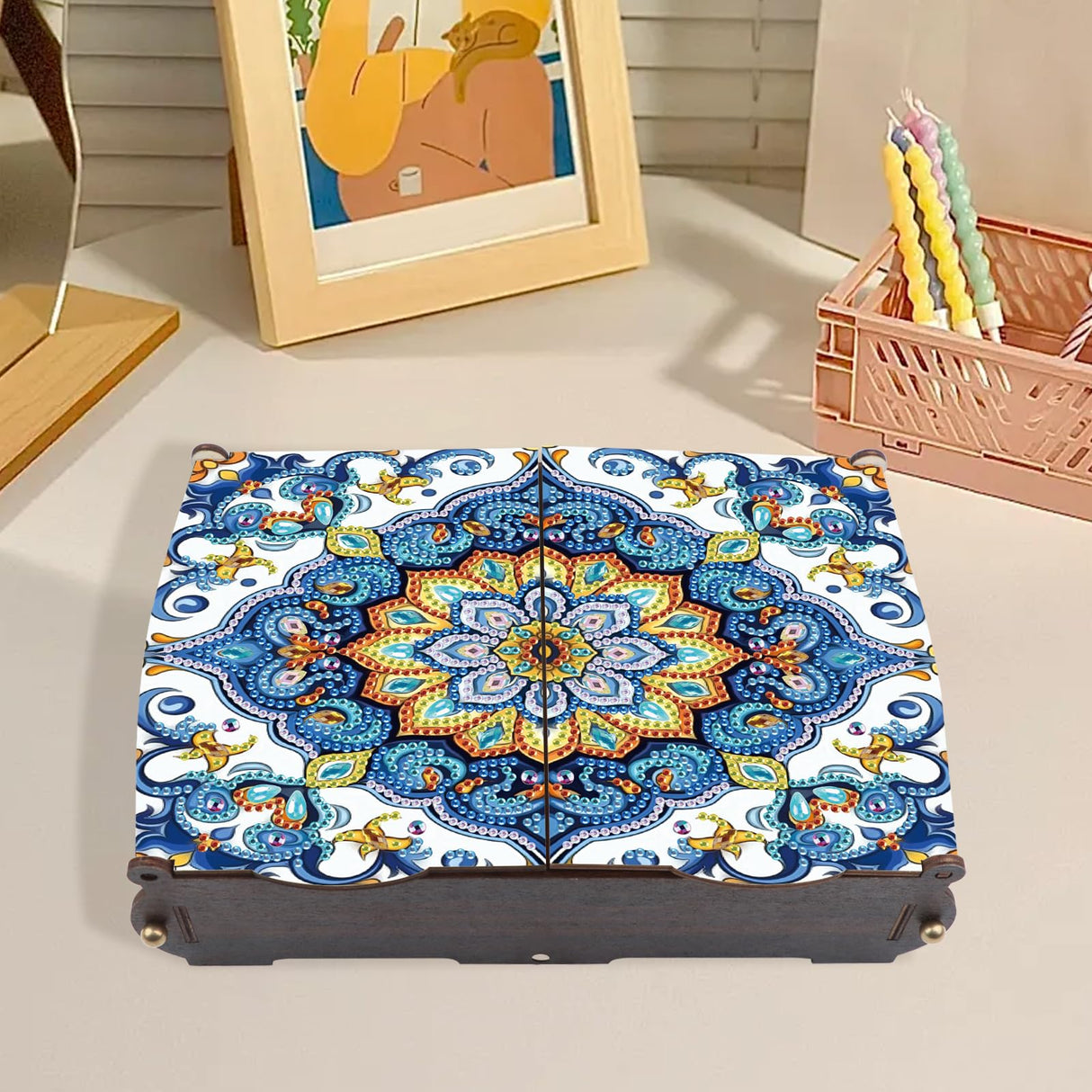 antor DIY Diamond Painting Wooden Storage Box, Floral Geometric Creative Special Shaped Rhinestone Art Flip Cover Jewelry Keepsake Box, Handmade Art Desktop Decorations Gift for Adults antor