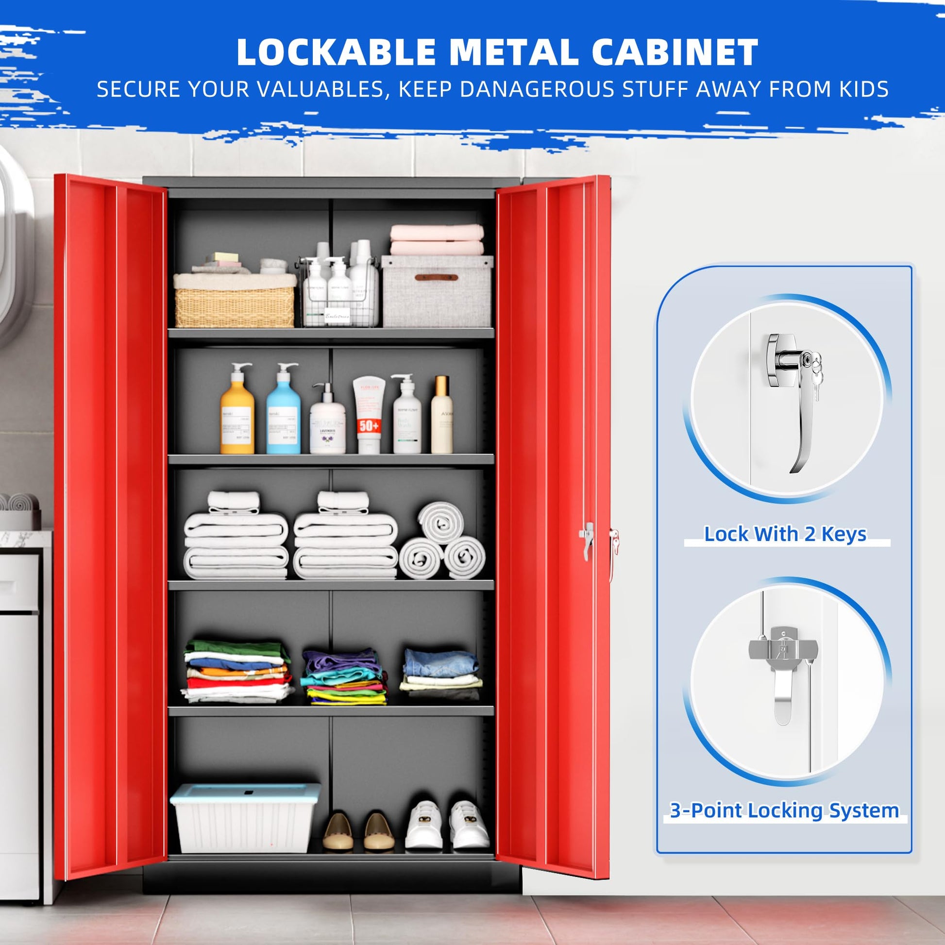 Pataku Garage Storage Cabinet 72" Metal Locking Cabinet 5-Layer with Door Steel Multifunctional Storage Cabinet with 4 Adjustable Shelves, Cabinet for Home, Office, Warehouse(Black Red) - WoodArtSupply