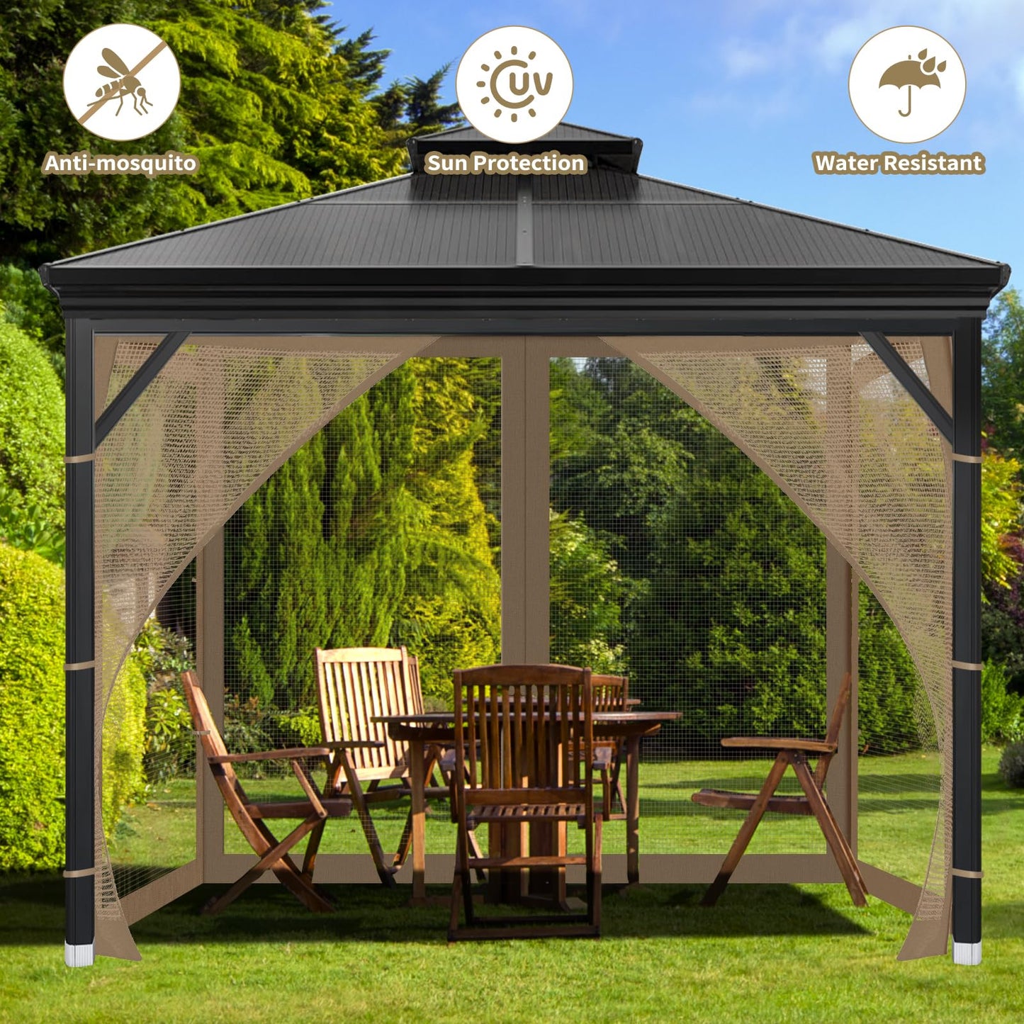 OIPUNSHLE Gazebo Universal Replacement Mosquito Netting, 10'x10' Gazebo Netting Outdoor, 4-Panel Screen Walls for Outdoor Patio with Zipper (Mosquito Net Only) (Brown)