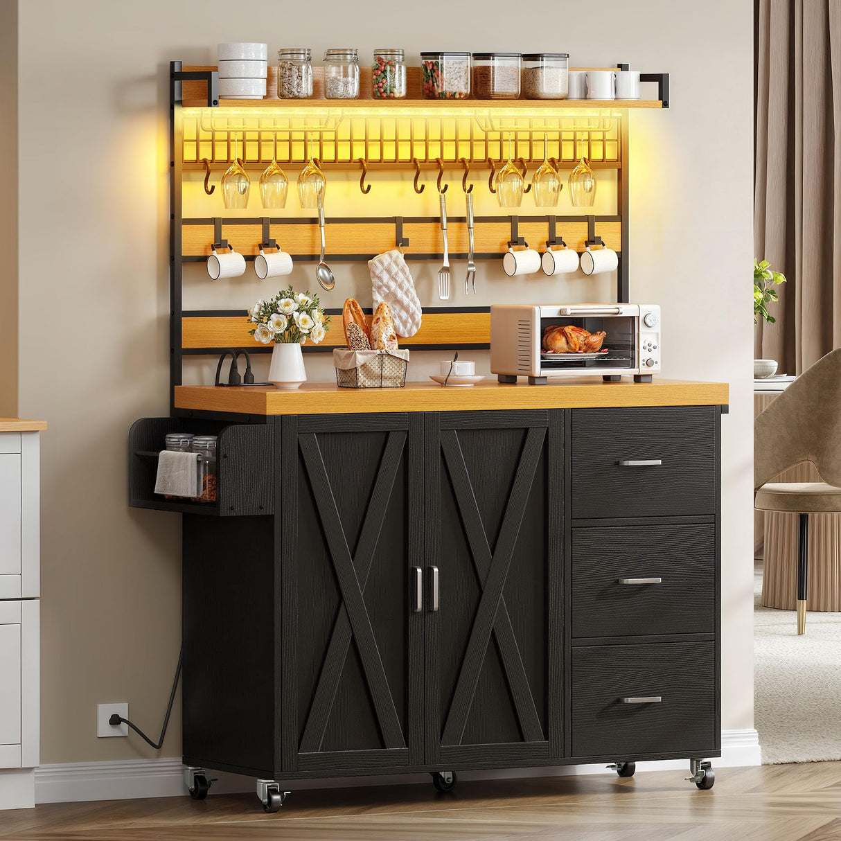 YITAHOME Bakers Rack with Power Outlet and LED Light, 53 Inch Microwave Stand with Storage Cabinet Thickened Counter, Farmhouse Coffee Bar Cabinet on Wheels Tall Shelf for Spices, Cups, Pots, Black YITAHOME