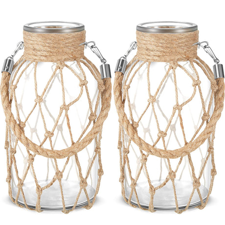 Set of 2 Rope Net Dry Flower Glass Vase 7.9 x 4 Inches Wicker Farmhouse Vase Coastal Decor for Wedding Tables Home Rustic Hanging Mason Jar Rope Wrapping Decorative Bottles Nautical Decor Sabary