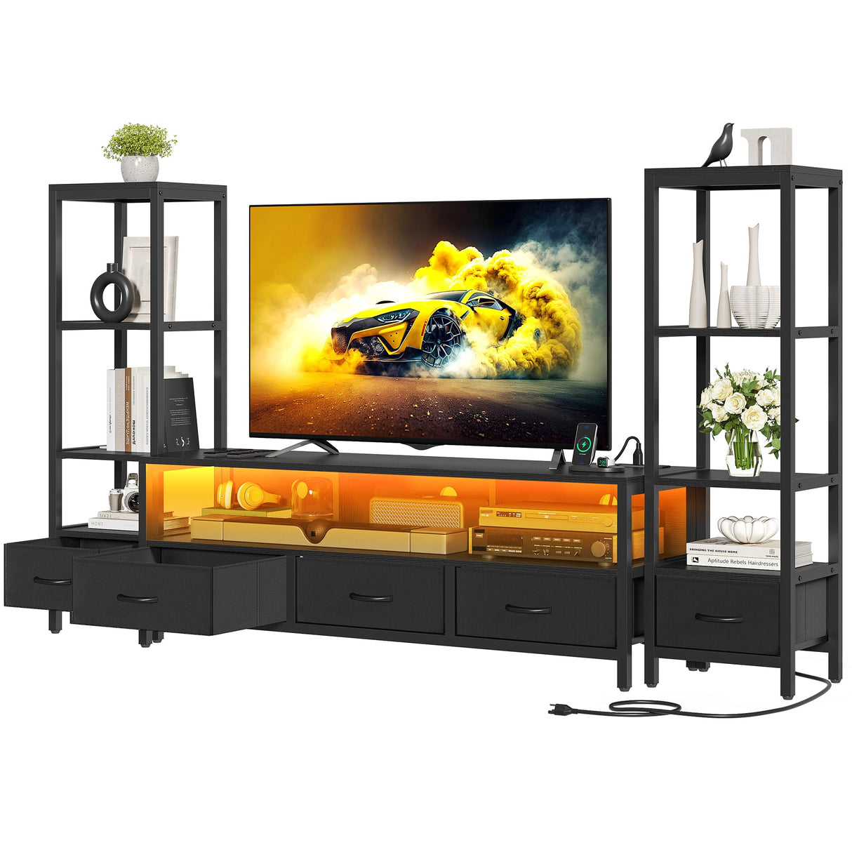 YITAHOME TV Stand 65 Inch for Living Room, LED Entertainment Center with Storage, TV Stand with 4 Tier Industrial Bookcase & Power Outlets, Modern Farmhouse TV Console Cabinet, Black YITAHOME