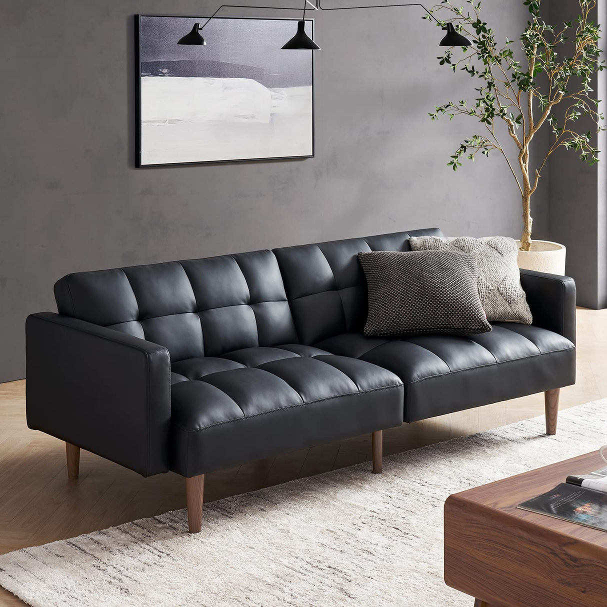 mopio Aaron 76.8" Couch, Small Futon Sofa Bed, Sleeper, Loveseat, Mid Century Modern Futon Couch, Sofa Cama, Couches for Living Room, Bedroom (Midnight Black, Faux Leather) mopio