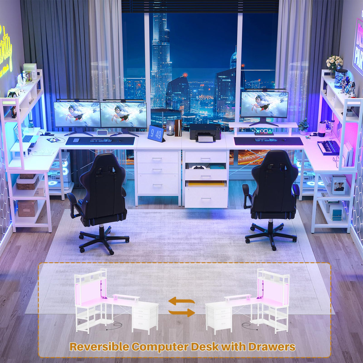 Aheaplus L Shaped Gaming Desk with Hutch and LED Lights, Reversible Design, Power Outlet, and Ample Storage in White Aheaplus