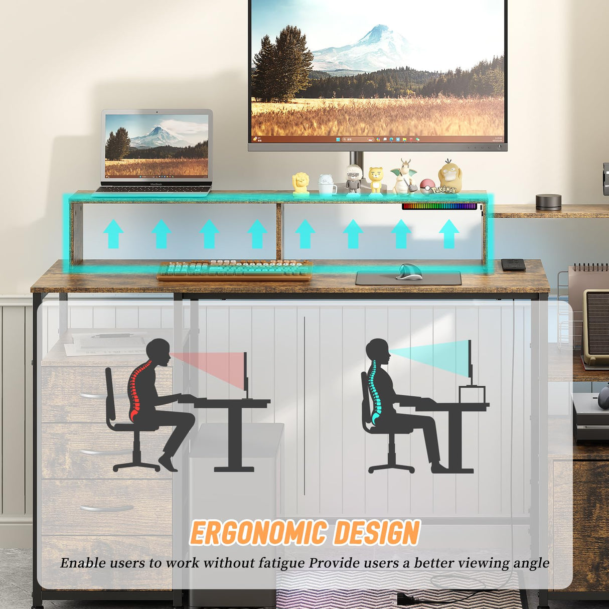 EDWINENE Computer Desk with Drawers, 67 Inch Office Desk with Storage and Power Outlet, Work Table for Home Office, Gaming Desk with Led Lights, Rustic Brown EDWINENE