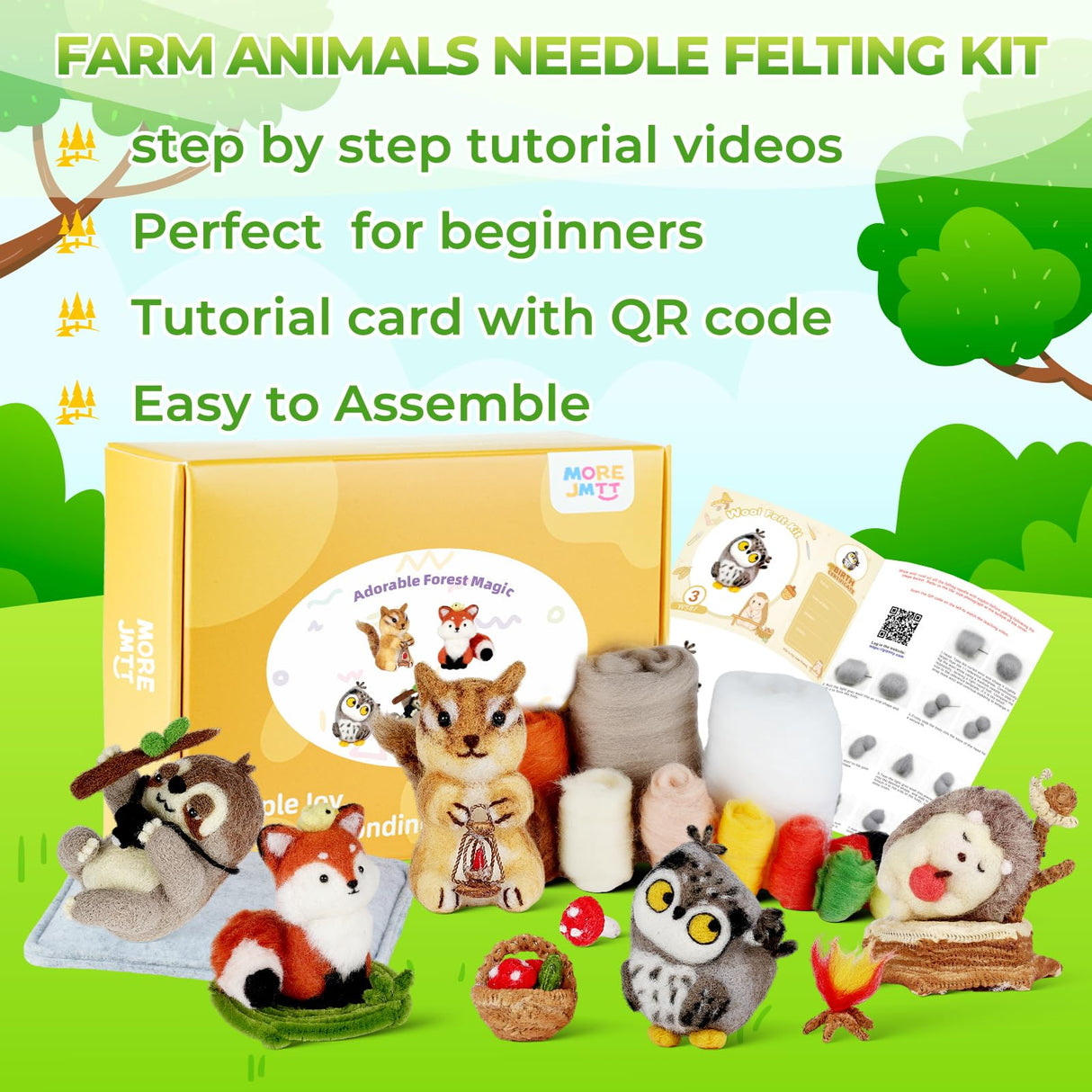MOREJMTT Needle Felting Kit, 5 PCS Farm Animal Needle Felting Beginner Kits, Wool Felt Needle Felting Tools Foam Pad, Craft Party Supplies for Beginners Adult(Forest Animals) MOREJMTT