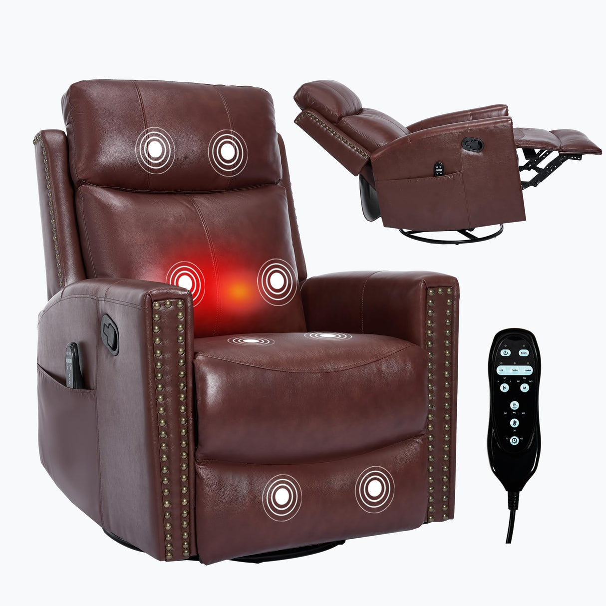 KEIKI Genuine Leather Recliner Chair with Heat & Massage, Manual Rocker and 360° Swivel Recliner, Heavy Duty Cushion Back Armchair for Living Room, Burgundy KEIKI