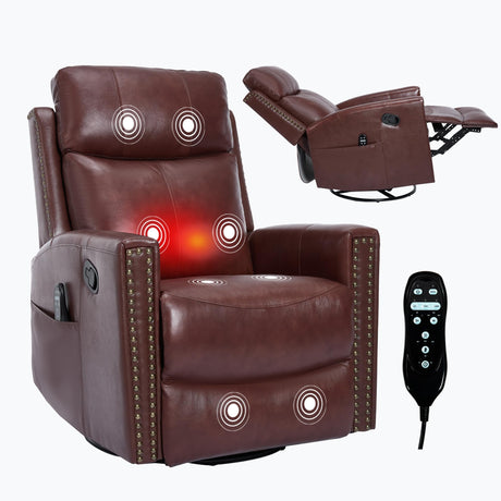 KEIKI Genuine Leather Recliner Chair with Heat & Massage, Manual Rocker and 360° Swivel Recliner, Heavy Duty Cushion Back Armchair for Living Room, Burgundy KEIKI