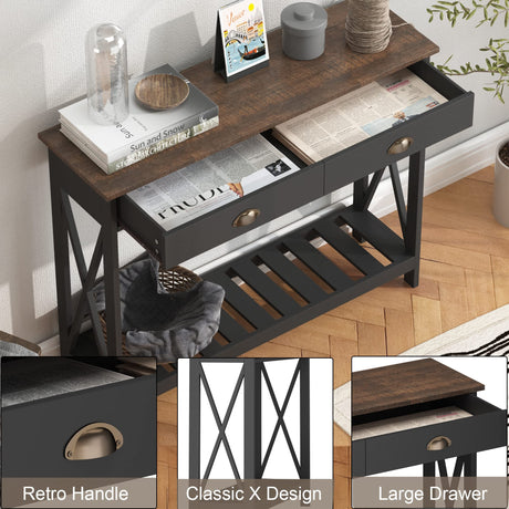 ChooChoo Farmhouse Console Table with Drawer for Entryway, Narrow Long Entry Table with Shelf for Living Room, Rustic Vintage Hallway Sofa Table with Stable X Supports, 40 Black ChooChoo