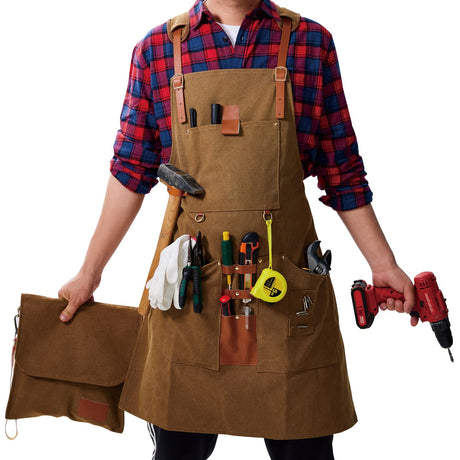 PIPIZ Woodworking Apron for Men, 16oz Waxed Canvas Apron with Pockets, Adjustable Cross Back Straps - Suitable for Workshop Mechanics, Technicians, Carpenters, Blacksmiths, and Gardeners. PIPIZ
