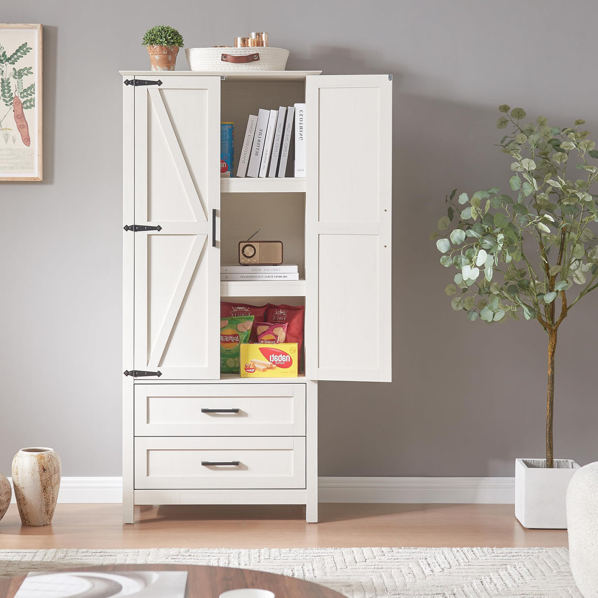 Alaxgumrol Kitchen Pantry Storage Cabinet, Food Pantry Cabinet with 2 Drawers & Adjustable Shelves & Barn Doors, Farmhouse Wood Pantry for Kitchen, Dining Room, Living Room, Bathroom, White Alaxgumrol