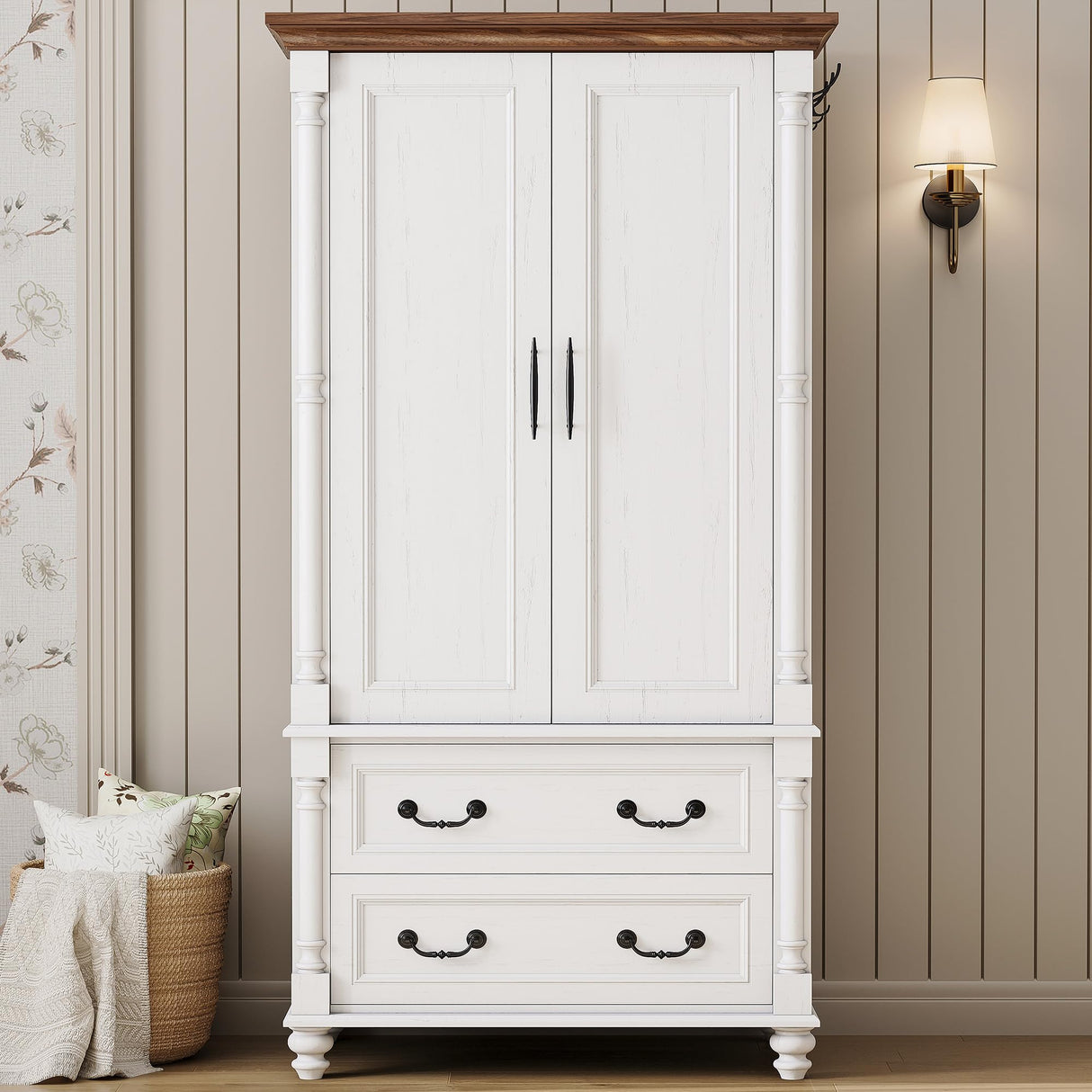 LIKIMIO Farmhouse Armoire Wardrobe Closet with 2 Doors and 2 Drawers, 70" H x 36" W, Large Bedroom Armoire with Roman Column and 3 Hanging Hooks, Wooden Freestanding Closet Cabinet, White LIKIMIO