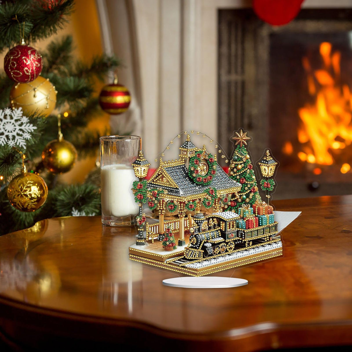 BAYUNOE DIY Diamond Art Painting Desktop Ornament Christmas Special Shaped Crystal Diamond Art Decorated Tabletop Ornaments Handmade Single Sided Diamond Home Decor-Christmas Train Platform BAYUNOE