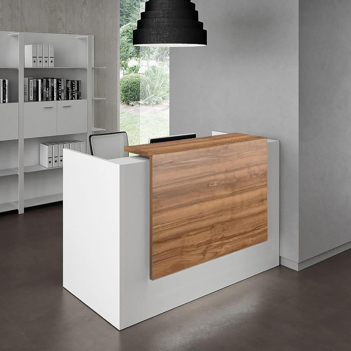 UGOS ICN 53 Inch Contemporary Reception Desk | Multifunctional Modern,Transaction Countertop, Laminate Desktop, Standing Front Table for Office, Home, School, Salon, Spa - White and Teak UGOS