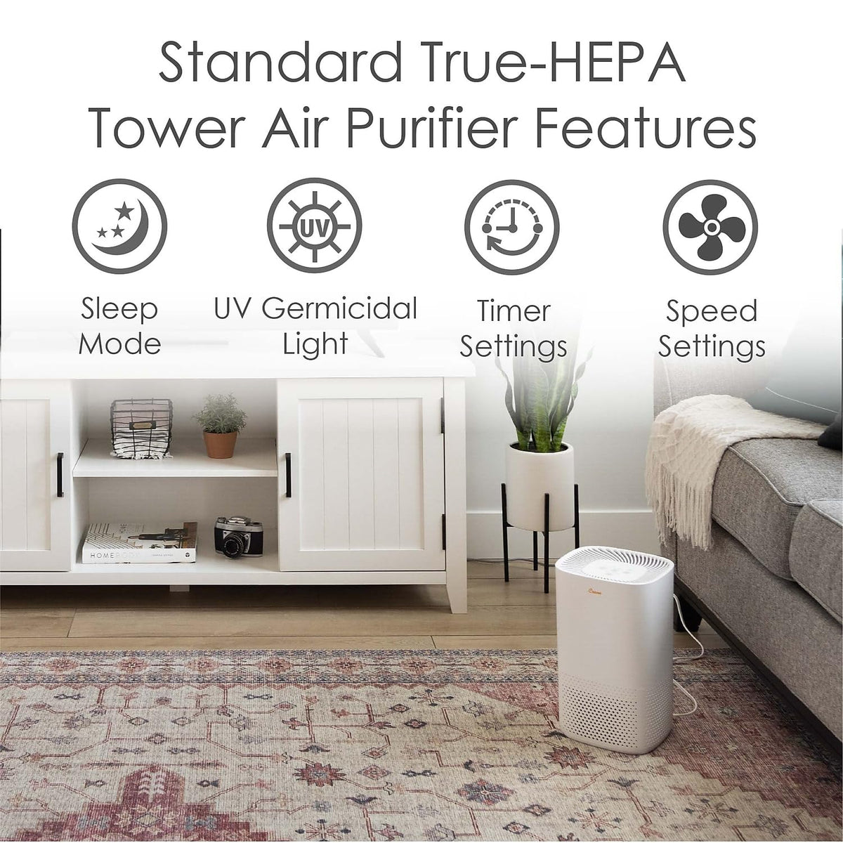 Crane Air Purifier with UV Light and True Hepa Filter, 250 Sq Ft Coverage, Timer, Sleep Mode, for Bedroom and Home, Up 250 SQ FT Coverage, White Crane