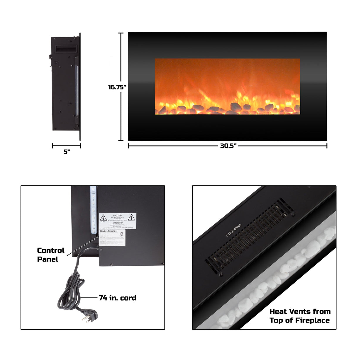 Northwest Electric Fireplace - 30 Inch Wall Mounted Fireplace - 13 Backlight Colors and Remote Controlled LED Flames, Heat, and Brightness (Black) Northwest