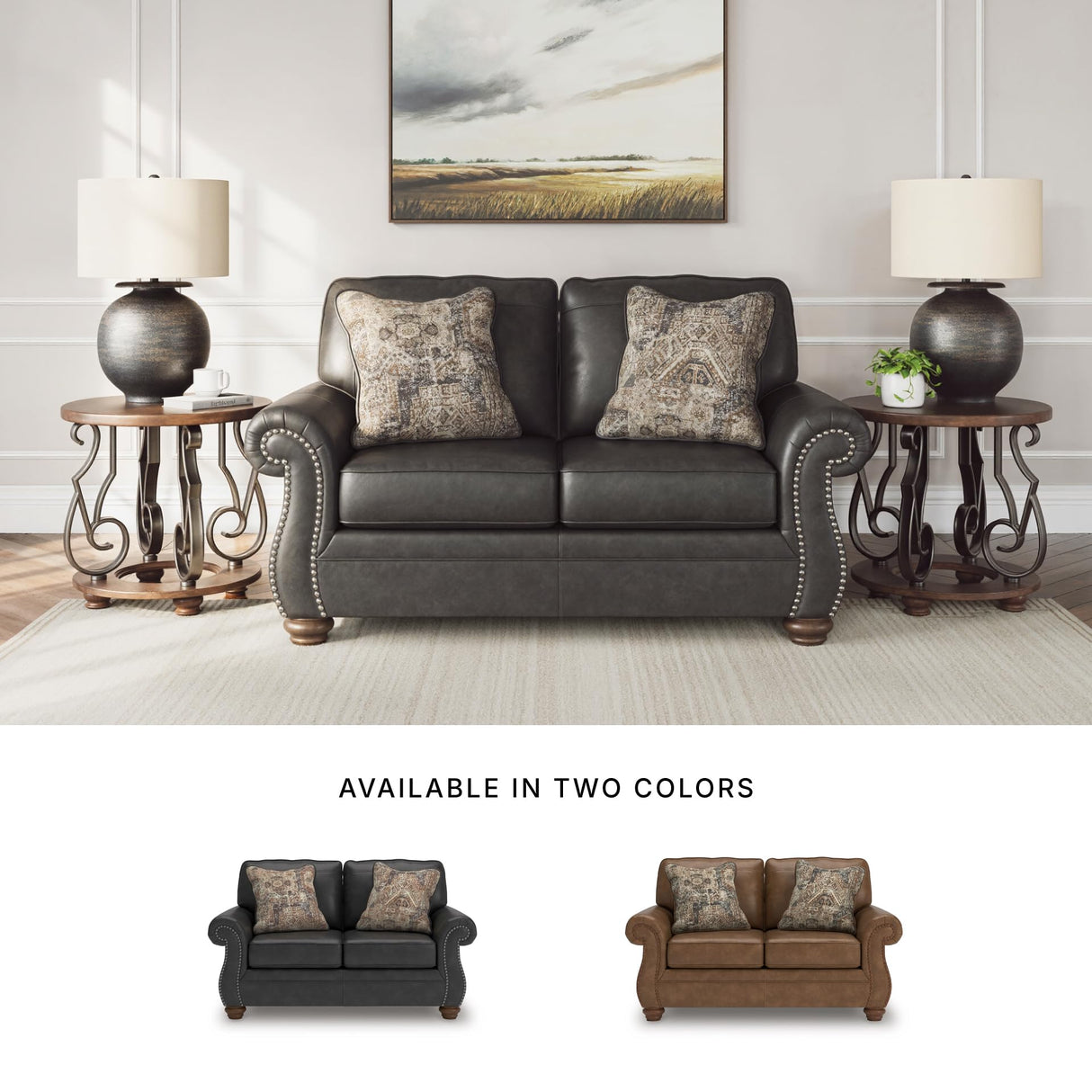 Signature Design by Ashley Chatterton Rustic Faux Leather Loveseat with Nailhead Trim and 2 Throw Pillows, Black Signature Design by Ashley