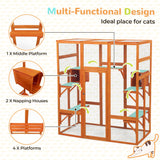COZIWOW Large Wooden Cat Cage with Perche and Condo, Play Run Enclosure Indoor Kitty Window Kennel with Waterproof Roof, 7 Platforms & 2 Resting Box, 62.4" L x 32.4" W x 70" H, Deep Orange COZIWOW