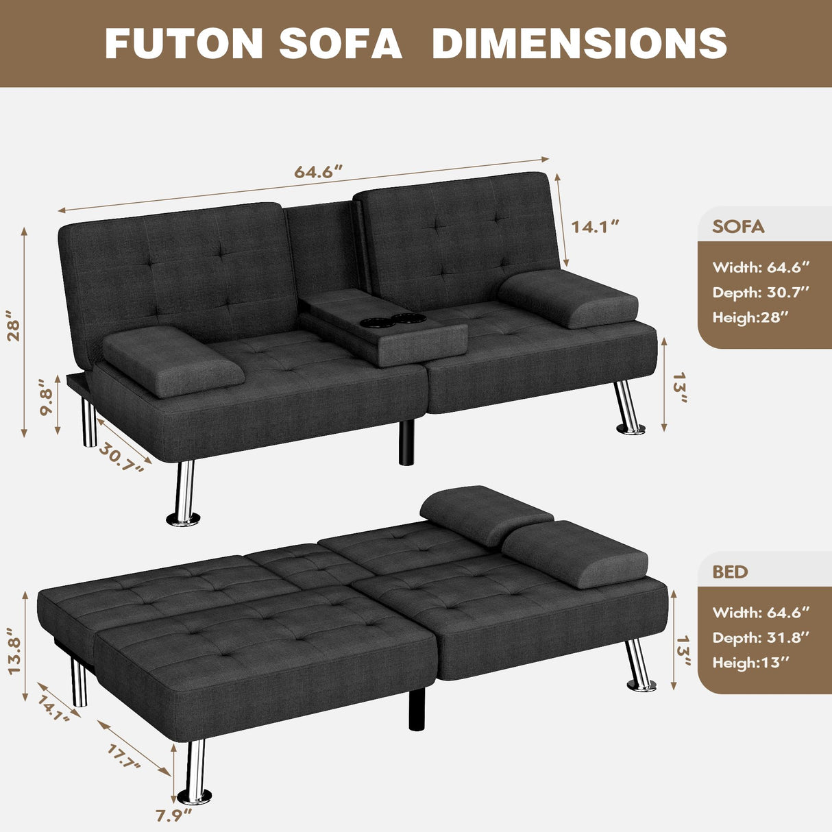 Homall Futon Sofa Bed, Futon Couch with Removable Armrests, Adjustable Recliner Sleeper Sofa Bed with Dual Cup Holders for Living Room, Apartment, Office (Fabric, Black) Homall