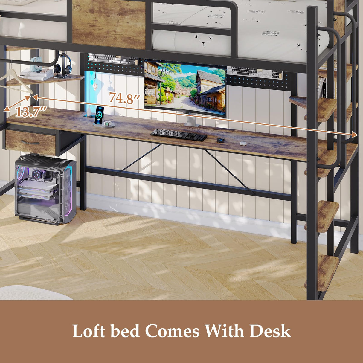 Dnxao Loft Bed Twin Size with Desk,Twin Loft Bed with Storage Organizer,LED Lights and Charging Station, Bunk Bed with Desk, Space Saving, Noise Free, No Box Spring Needed,Rustic Brown Dnxao