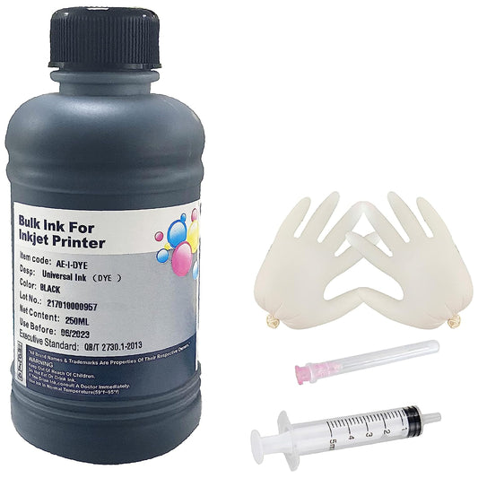 AYMSous Black Ink Universal Refill Ink Kit Dye Ink 250ml Work for Canon HP Epsn Brother Injet Printers Refillable Cartridge CISS CIS System (9 oz) with Syringe&Glove